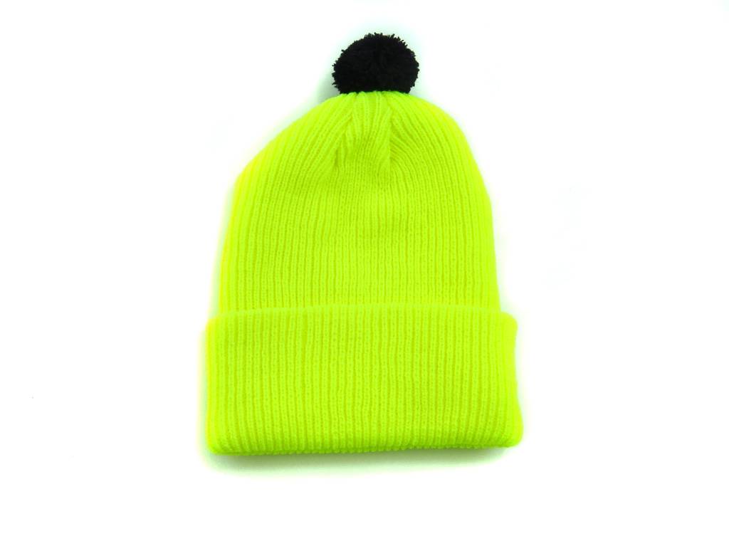 unisex neon color winter hat with black pompom