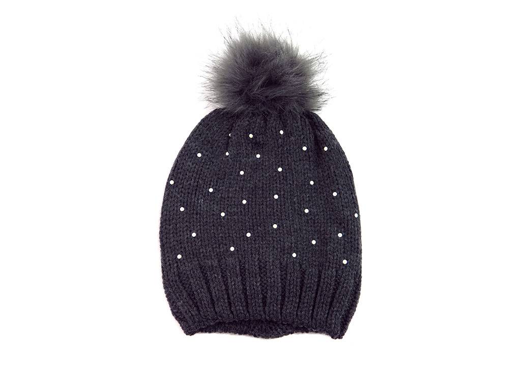 Knit pom-pom hat with beads and pearls on it in gray color