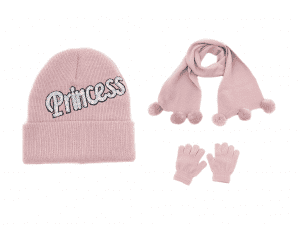 PINK KIDS SET OF HAT, SCARF, GLOVE WITH “PRINCESS” GLITTER EMBROIDERY