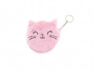 FLUFFY COIN BAG WITH CAT EMBROIDERY AND KEY RING