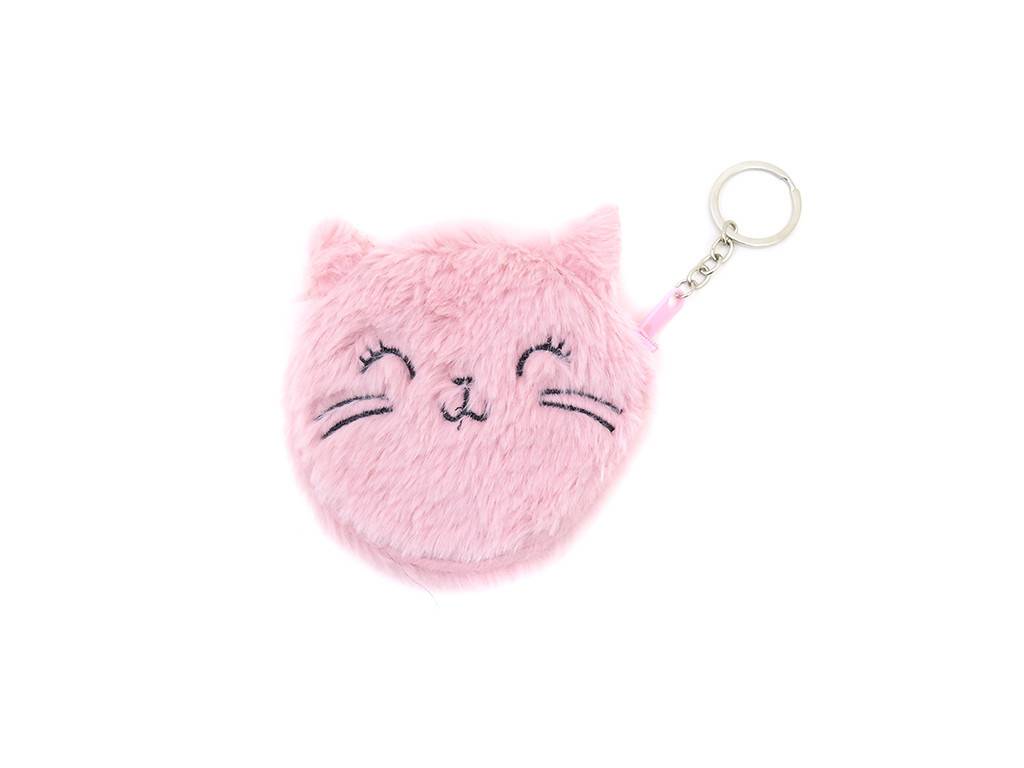 FLUFFY COIN BAG WITH CAT EMBROIDERY AND KEY RING