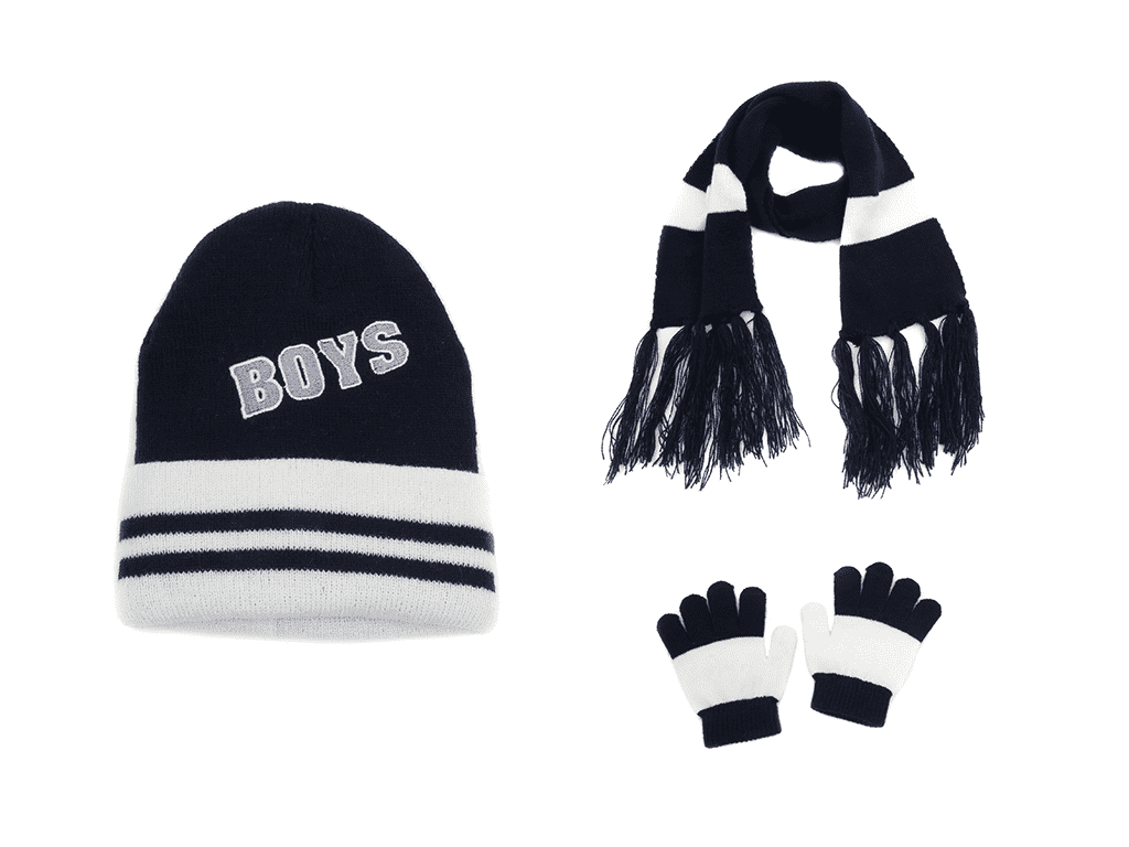 Navy Kids Set of hat, scarf, glove with “BOY” embroidery