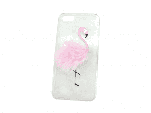 Phone case with flamingo print and faux fur decoration
