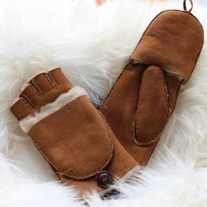 Ladies handsewn Sheepskin fingerless Mittens with a folding fingers cover