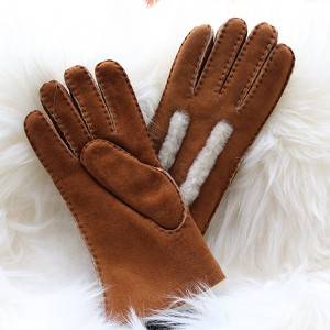handsewn double faced sheep shearling ladies gloves with wool out trim