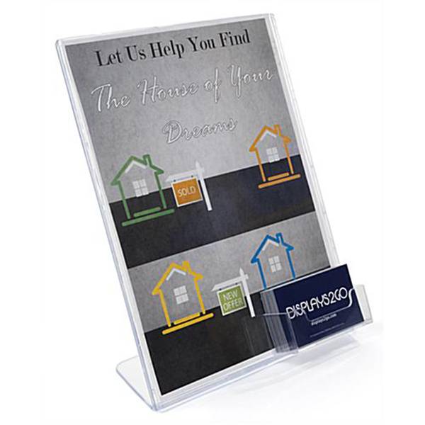 8.5 x 11 Sign Holder with Pocket for Business Cards, Slant Back – Clear Featured Image
