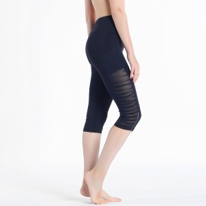High waist gym women stripes workout fitness yoga 3/4 capri mesh leggings with phone pocket