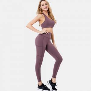 Custom fitness sportswear two piece yoga sports bra and pockets leggings set