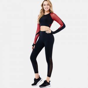 Women sport two piece workout clothing yoga long sleeve mesh crop top legging set