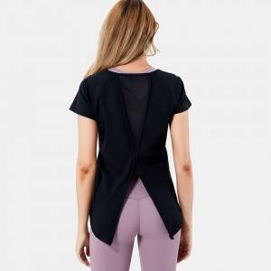Women active wear custom back slit mesh patchwork gym sports short sleeve yoga top