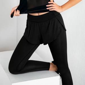 Custom Womens High Waisted Pockets Workout Gym Leggings Yoga Fake 2 Piece Pants