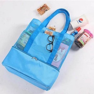 Double Layers Mesh Insulated Cooler Beach Cooler Tote Bag with Top Zipper Large Durable Mesh Tote Bag