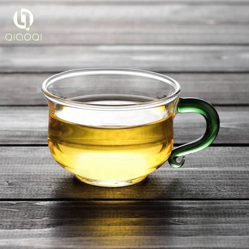 Factory Direct Sales Borosilicate Small Glass Tea Cup with Green Handle 130ml
