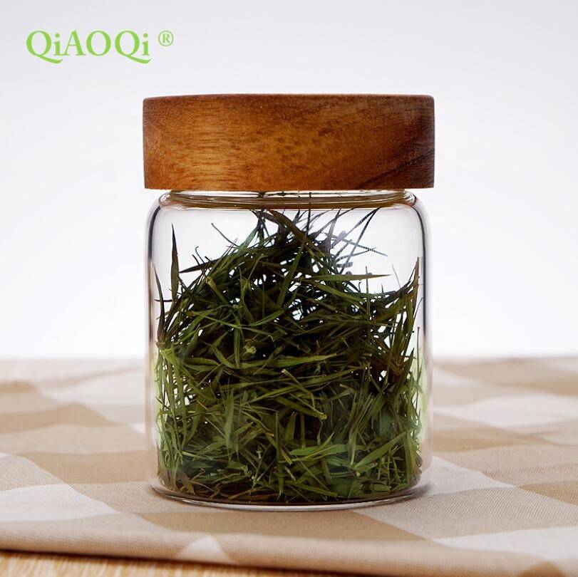 QiAOQi High borosilicate sealed small flowers tea storage glass jars with wooden lid