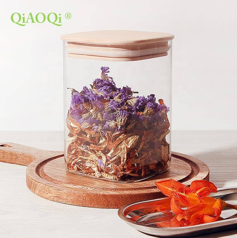 QiAOQi home goods square sealed air tight glass jar with bamboo lid