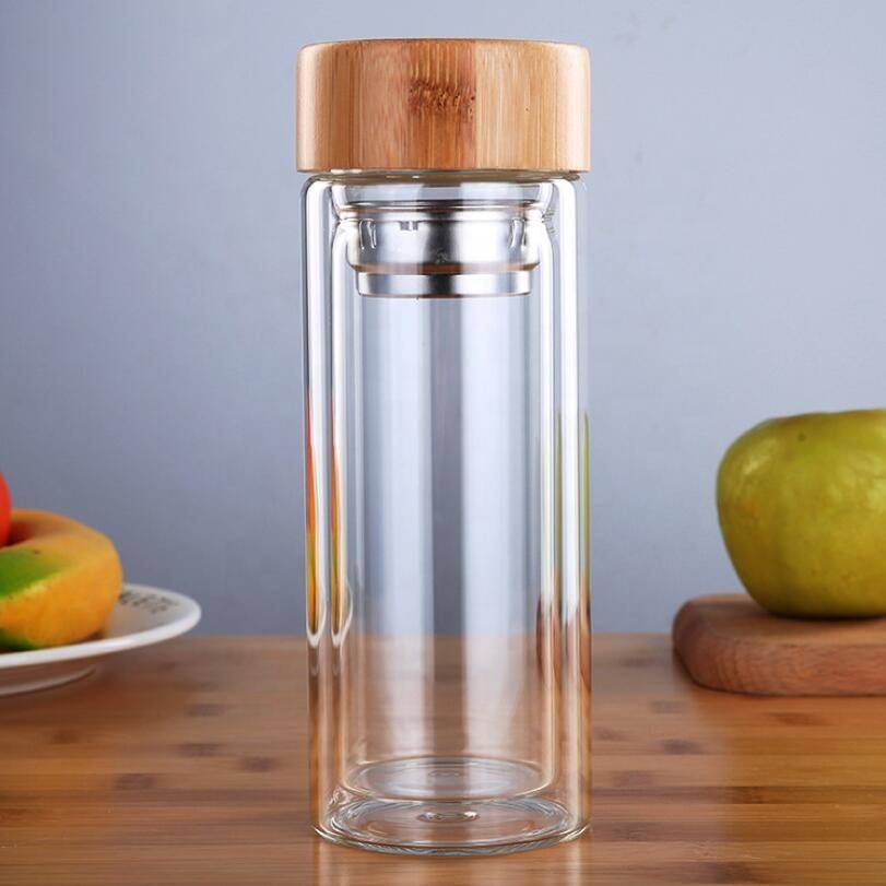 Modern Round Clear Custom Logo Double Wall Borosilicate Glass Drinking Infuser Water Bottle With Bamboo Lid