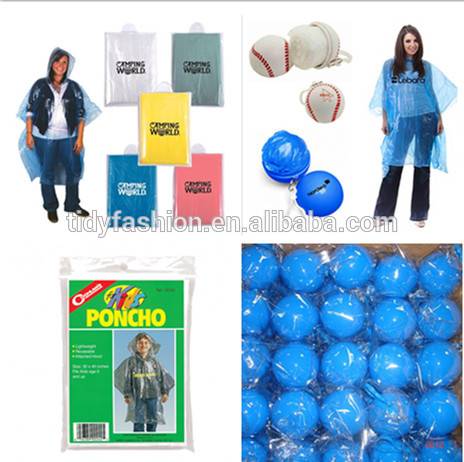 Cheap Logo Printing PE Emergency Disposable Rain Poncho With Ball