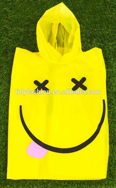 Cheap Smile Face Yellow Plastic Cute Women Rain Poncho