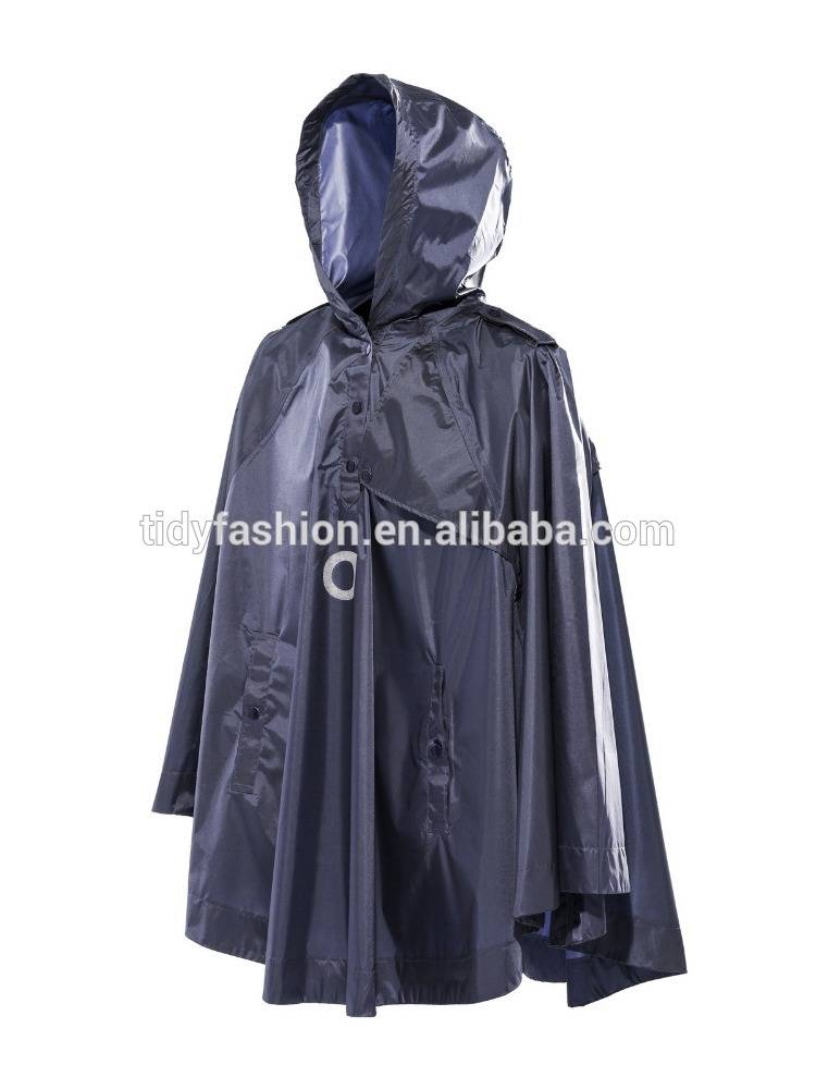 Adult Reflective Hooded Black Polyster/PVC Rain Cape Poncho