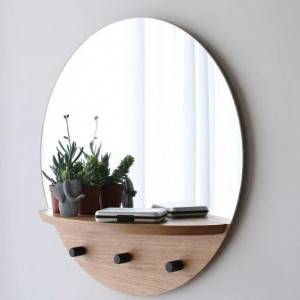 Wall Mounted Moon mirror with shelf Wooden back Floating Shelves Hanging Storage Display Shelf Wall Decor for Living Room Bedroom