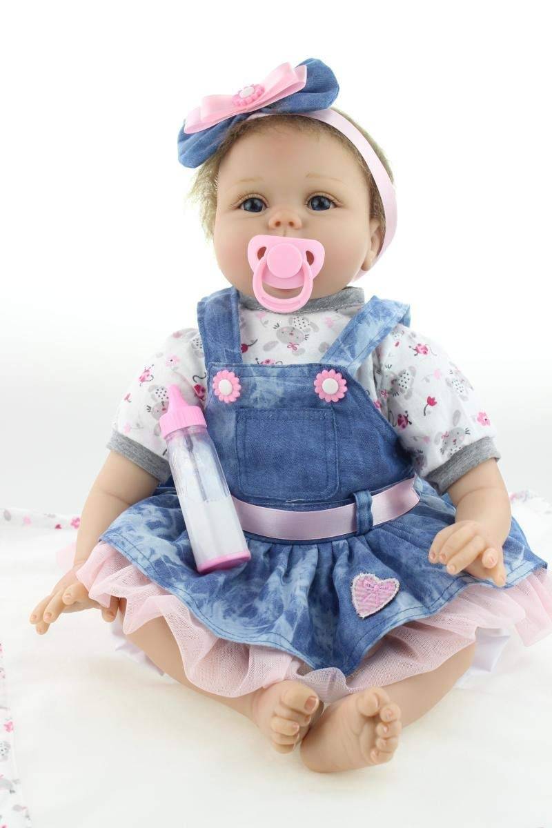 ZIYIUI Realistic 22 inch 55cm Reborn Baby Doll Soft Vinyl Silicone Real Look alive Baby Handmade Lifelike Blue denim dress doll Featured Image