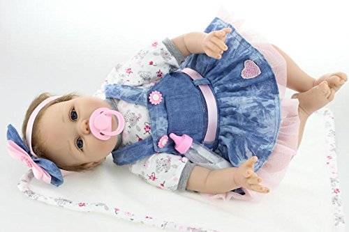 ZIYIUI Realistic 22 inch 55cm Reborn Baby Doll Soft Vinyl Silicone Real Look alive Baby Handmade Lifelike Blue denim dress doll