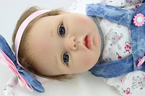 ZIYIUI Realistic 22 inch 55cm Reborn Baby Doll Soft Vinyl Silicone Real Look alive Baby Handmade Lifelike Blue denim dress doll