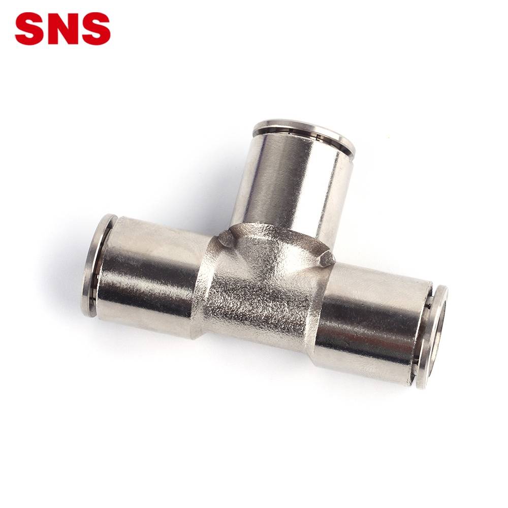 SNS JPE Series push to connect nickel-plated brass T type 3 way air hose PU tube pneumatic connector equal union tee fitting