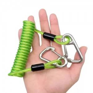 High Secuirty Double Stainless Steel Carabiner Hooks Tool Coiled Lanyard Hot Green Color