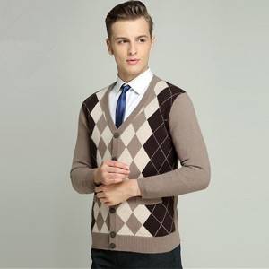 Custom V Neck Sweaters Men Intarsia Cashmere Knitted Cardigan