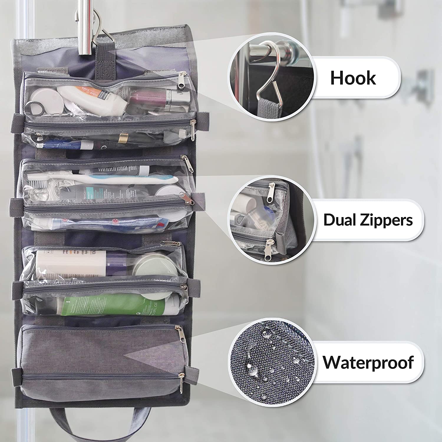 Roll Up Compact Cosmetic Kit with Hook  Ultralight Waterproof Fabric Hanging Toiletry Travel Bag Organizer for Men & Women