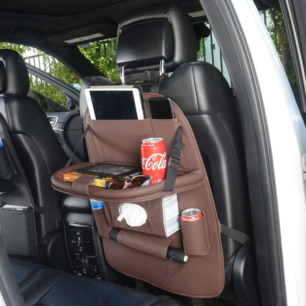 PU Leather Car Back seat Organizer with Foldable Table Tray with Tablet Holder