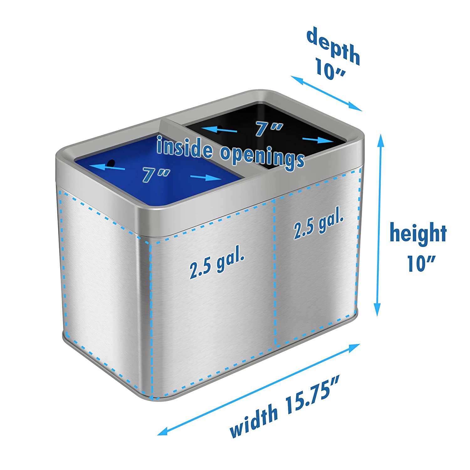 Dual Compartment Slim Open Top Waste Bin for Trash Can & Recycle Container, 20 Liter  5.3 Gallon