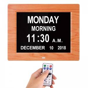 Smart 8 Inch wood Digital Calendar Day Clock Ideal For Memory Loss Impaired Vision and Seniors Desk Wall Mounted