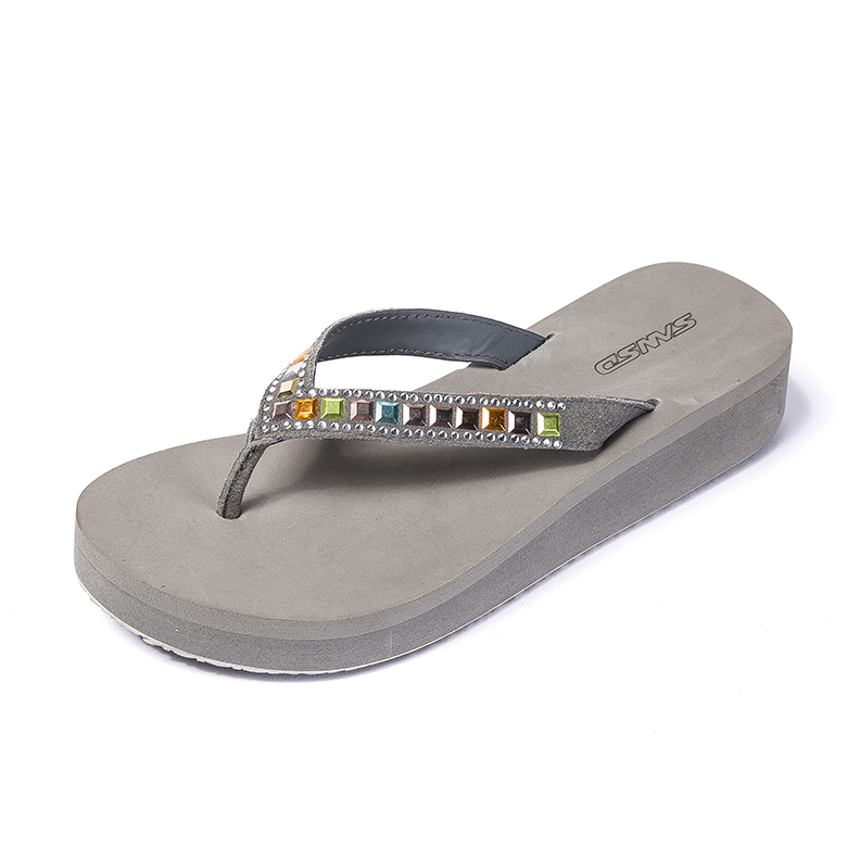 Vogue women beach summer anti slip beach EVA casual rhinestone wedge height increase heel flip flop sandals gray color slipper