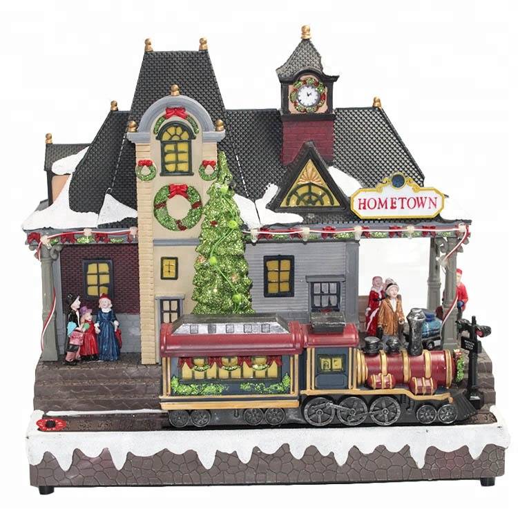 Promotional Plastic handicrafts led lighted Christmas Village house Decoration with train