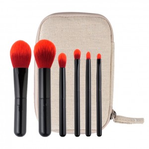 OEM Red vegan hair makeup brushes set 6pcs travel brushes with case
