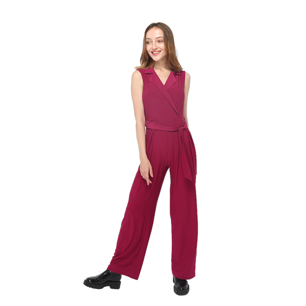 2020 modern flowing jumpsuit with lapel collar and adjustable belt  women wholesale