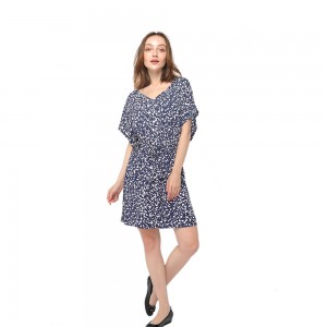 2020 modern skin-friendly rayon print V-neck short sleeve belted dress women wholesale
