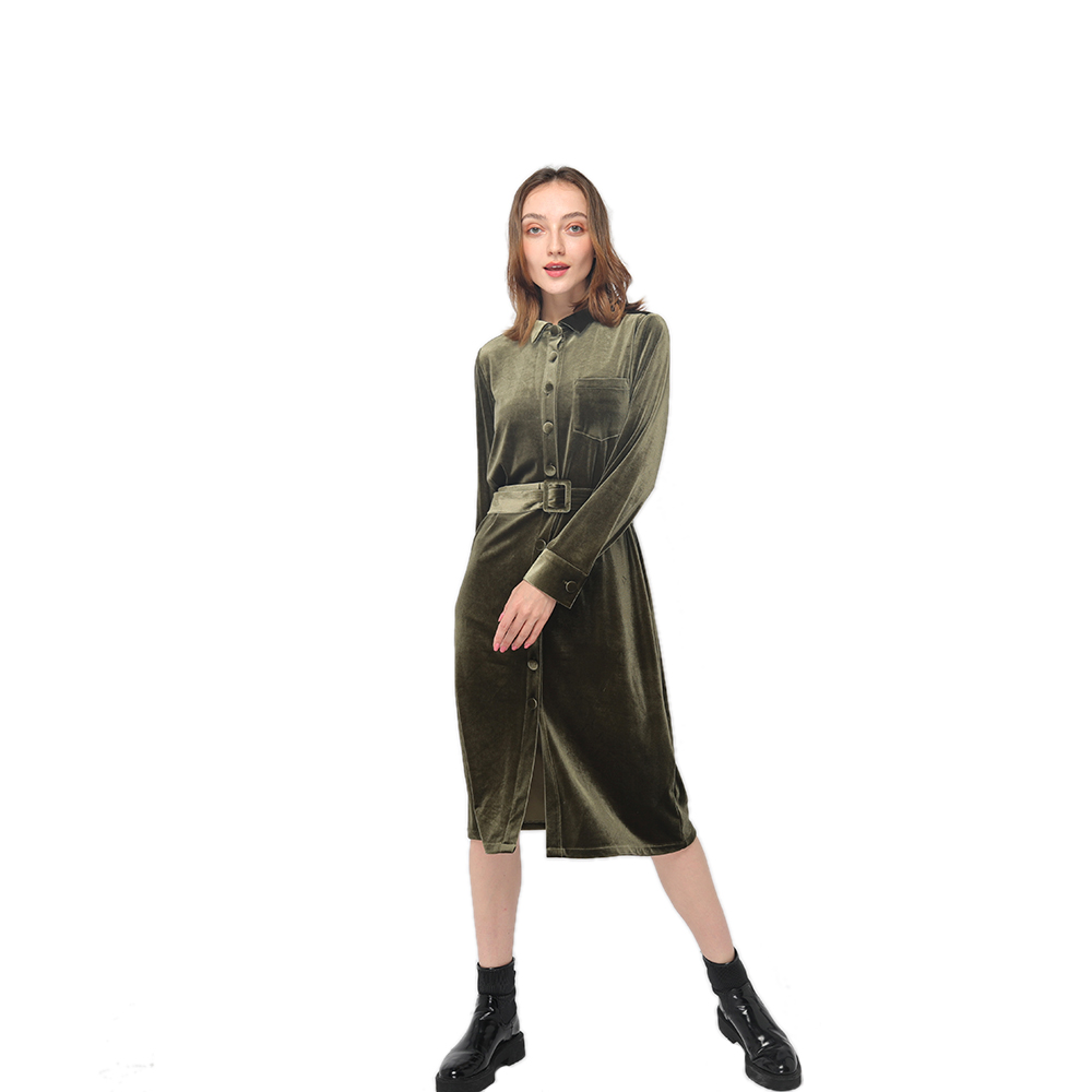 2020 modern elegant velvet shirt neck long sleeve belted dress women wholesale