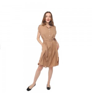 2020 modern front buttons fastening belted short sleeve dress women wholesale