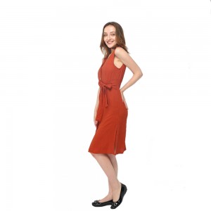 2020 modern linen front buttons fastening belted sleeveless dress women wholesale