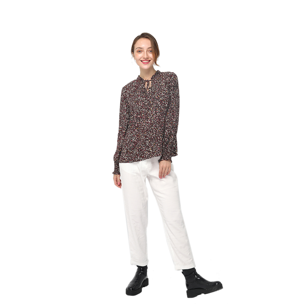 2020 modern rayon print long sleeve V-neck blouse women wholesale