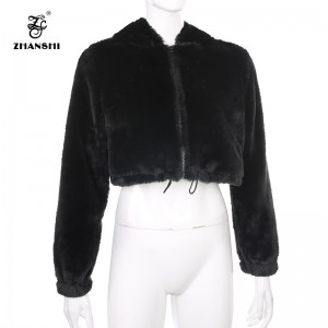 2019 Newest Fashion Winter Black Faux Rabbit Fur Soft Full Sleeve Streetwear Crop Top Jacket Women Parka Coat