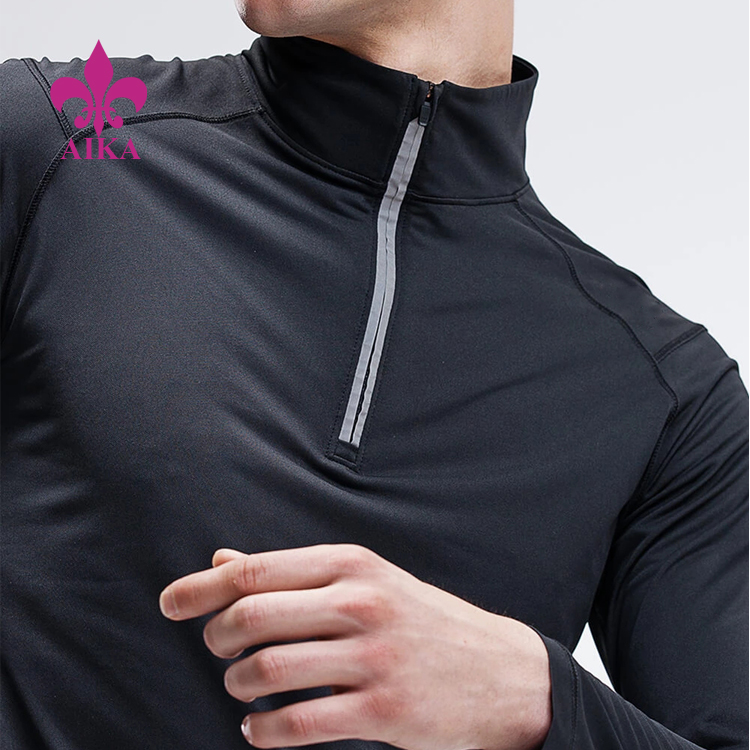 China Men Sports Wear Polyester Absorb Sweat Stand Collar Half Zip Gym Long  Sleeve Top factory and manufacturers