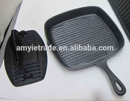 cast iron square grill pan with square meat press/cast iron cookware