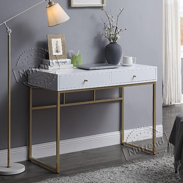China White Gold Desk With 2 Drawers, Modern Dresser Gold Legs