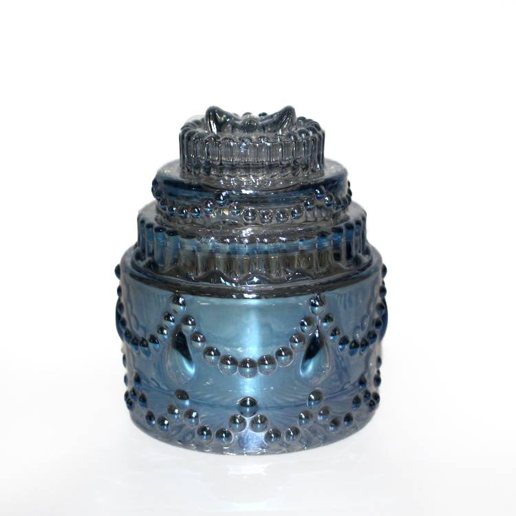 best selling blue pearlized candy round cake shaped luxury glass candy jar glass container with lid