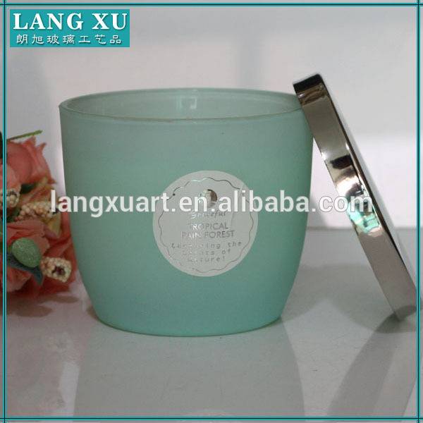 machine made 12 oz frosted aqua glass candle jar with lid