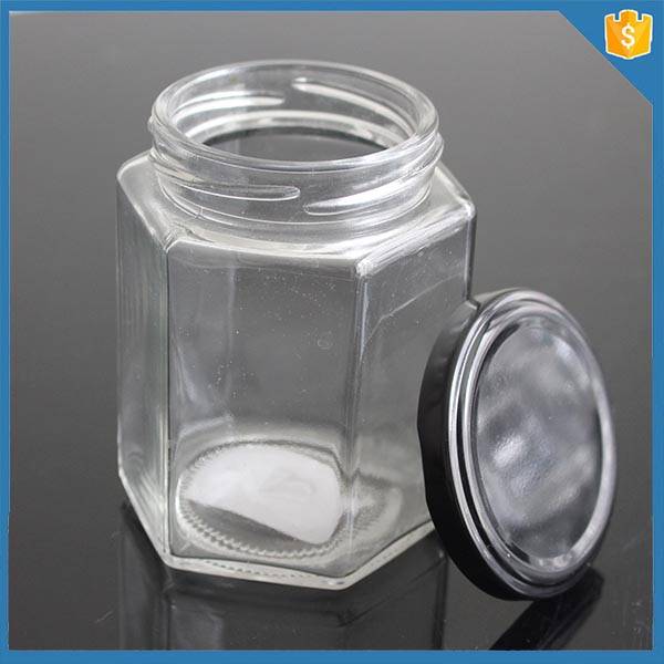 hexagon shape twist off cap glass jar for Honey,caviar,jam with metal lid